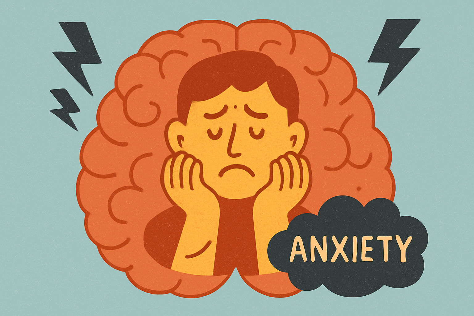 Ilustrație a creierului și a unei persoane care experimentează anxietate, simbolizând reacția emoțională și biologică la frică.